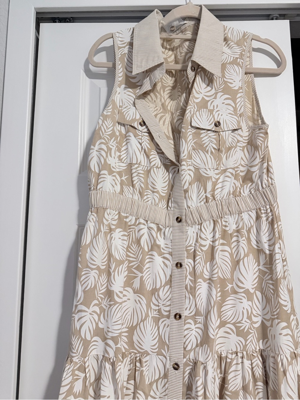 She + Sky Beige and White Leaf-Print Shirt Dress